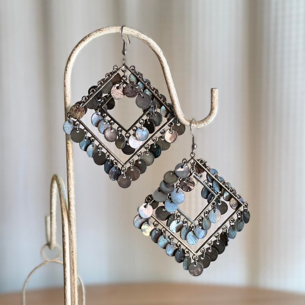 Boho Gypsy Square Dangle Earrings Silver Tone Discs Women's Statement Jewelry